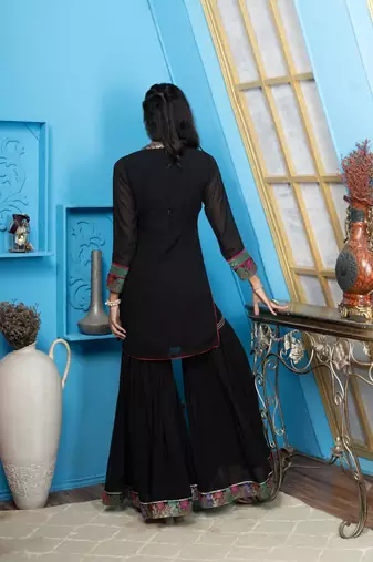 Nikhaar black embroidered georgette straight cut kurta & Only