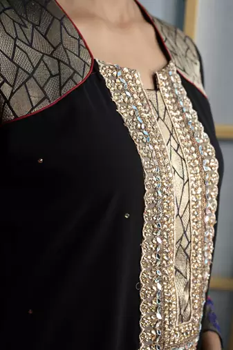 Nikhaar black embroidered georgette straight cut kurta & Only