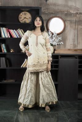 Nikhaar beige embroidered net straight cut kurta &  Only 1