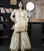 Nikhaar beige embroidered net straight cut kurta &  Only