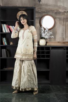 Nikhaar beige embroidered net straight cut kurta &  Only 3