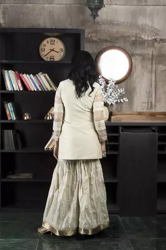 Nikhaar beige embroidered net straight cut kurta &  Only