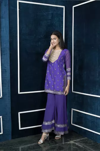 Nikhaar purple embroidered art silk straight cut kurta & Only