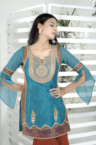 Nikhaar blue embroidered art silk straight cut kurta & Only
