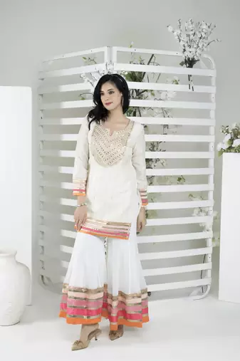 Nikhaar off-white embroidered art silk straight cut kurta & Only
