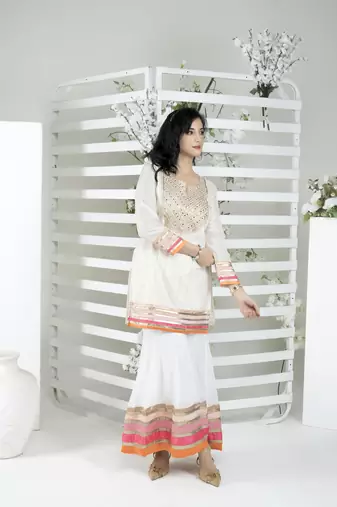 Nikhaar off-white embroidered art silk straight cut kurta & Only