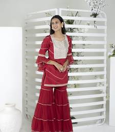 Nikhaar maroon embroidered cotton straight cut kurta & Only