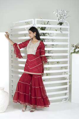 Nikhaar maroon embroidered cotton straight cut kurta & Only 5