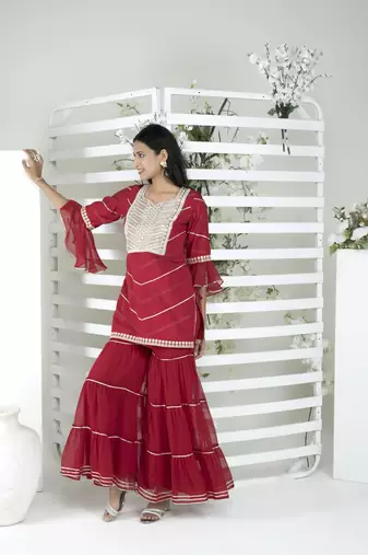 Nikhaar maroon embroidered cotton straight cut kurta & Only