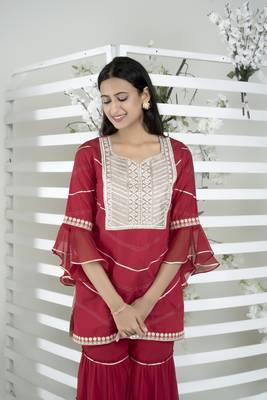 Nikhaar maroon embroidered cotton straight cut kurta & Only 1