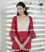 Nikhaar maroon embroidered cotton straight cut kurta & Only