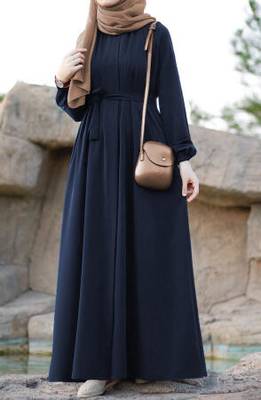 Navy Blue Pretty Front Open Abaya Maxi Length Gathered with Elastic Sleeves, Fabric Belt, and Button Details 1