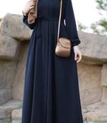 Navy Blue Pretty Front Open Abaya Maxi Length Gathered with Elastic Sleeves, Fabric Belt, and Button Details