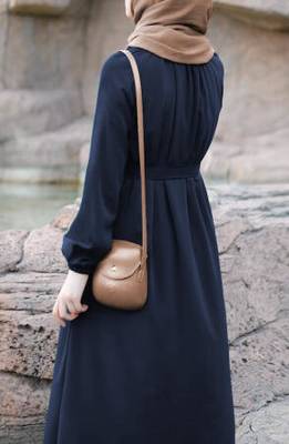 Navy Blue Pretty Front Open Abaya Maxi Length Gathered with Elastic Sleeves, Fabric Belt, and Button Details 2