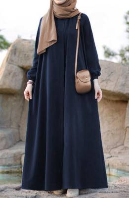 Navy Blue Pretty Front Open Abaya Maxi Length Gathered with Elastic Sleeves, Fabric Belt, and Button Details 3