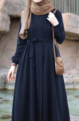 Navy Blue Pretty Front Open Abaya Maxi Length Gathered with Elastic Sleeves, Fabric Belt, and Button Details 4