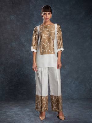White and brown leaf print co-ord set 1