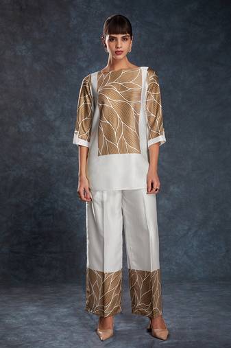 White and brown leaf print co-ord set