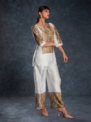 White and brown leaf print co-ord set 2