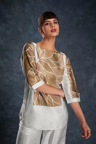 White and brown leaf print co-ord set