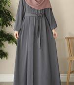 Grey Elegant Front Open Abaya Maxi Length Gathered with Elastic Sleeves, Fabric Belt, and Button Details