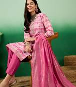 Pink color printed heavy modal cotton stitched straight kurti set with dupatta