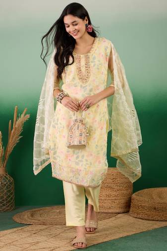 Yellow color embroidered heavy organja stitched straight kurti set with dupatta