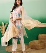 Off white color sequins heavy organza stitched straight kurti set with dupatta
