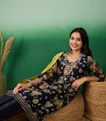 Navy blue color hand work heavy organza stitched straight kurti set with dupatta