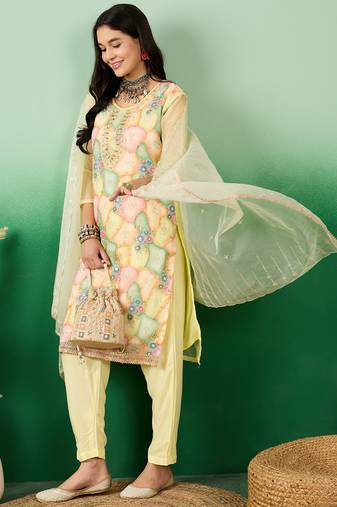 Multi color hand work organza stitched straight kurti set with dupatta