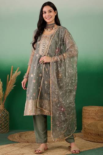Mouse grey color weaving organza jacquard stitched straight kurti set with dupatta