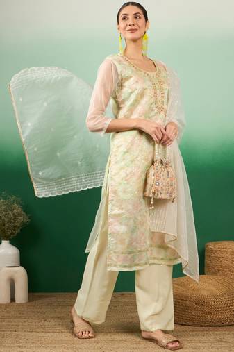 Pista green color sequence heavy organja stitched straight kurti set with dupatta