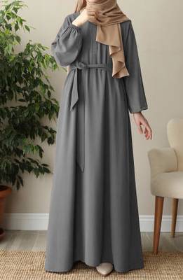 Light Grey Closed Abaya with Buttons. Umbrella Flare, and Matching Belt  " 1