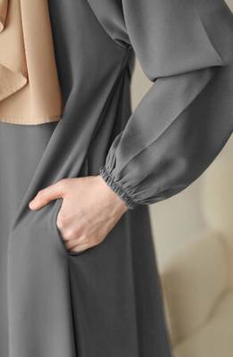 Light Grey Closed Abaya with Buttons. Umbrella Flare, and Matching Belt  " 3
