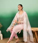 Pink color weaving heavy modal silk stitched straight kurti set with dupatta