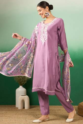 Purple color thread work heavy roman silk stitched straight kurti set with dupatta