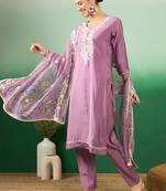 Purple color thread work heavy roman silk stitched straight kurti set with dupatta