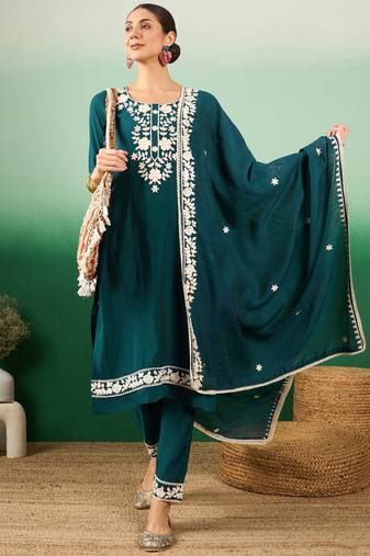 Teal color thread work heavy roman silk stitched straight kurti set with dupatta