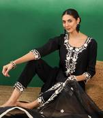 Black color thread work heavy roman silk stitched straight kurti set with dupatta