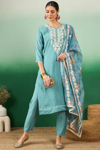 Sea green color thread work heavy roman silk stitched straight kurti set with dupatta