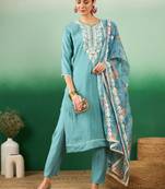 Sea green color thread work heavy roman silk stitched straight kurti set with dupatta