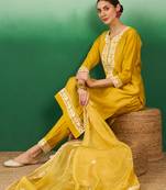 Mustard gold color thread work heavy roman silk stitched straight kurti set with dupatta