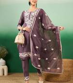 Lavender color thread work heavy roman silk stitched straight kurti set with dupatta