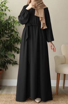 Black Closed Abaya with Buttons. Umbrella Flare, and Matching Belt  1