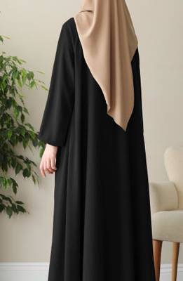 Black Closed Abaya with Buttons. Umbrella Flare, and Matching Belt  2