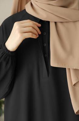 Black Closed Abaya with Buttons. Umbrella Flare, and Matching Belt  3