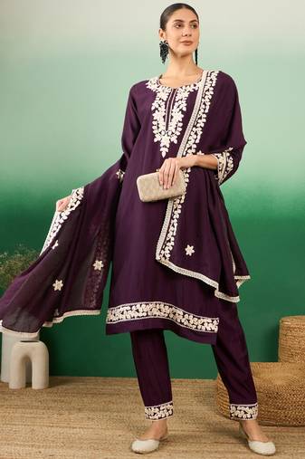 Purple color thread work heavy roman silk stitched straight kurti set with dupatta