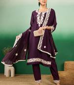 Purple color thread work heavy roman silk stitched straight kurti set with dupatta