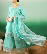 Sea green color sequence heavy organja stitched straight kurti set with dupatta