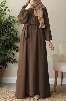 Khaki Closed Abaya with Buttons. Umbrella Flare, and Matching Belt  1